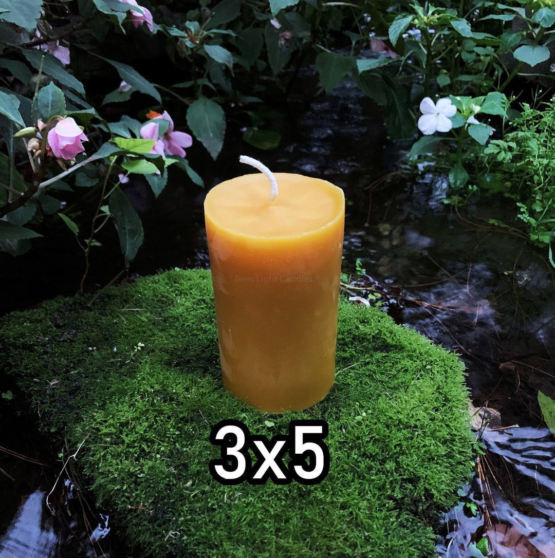 3x5 Beeswax Pillar Candle | Three Inch Thick Pillars | All Natural BEES WAX Candles | Clean Burning | Cylinder | Handmade in USA | 5" Large - Bees Light Candles