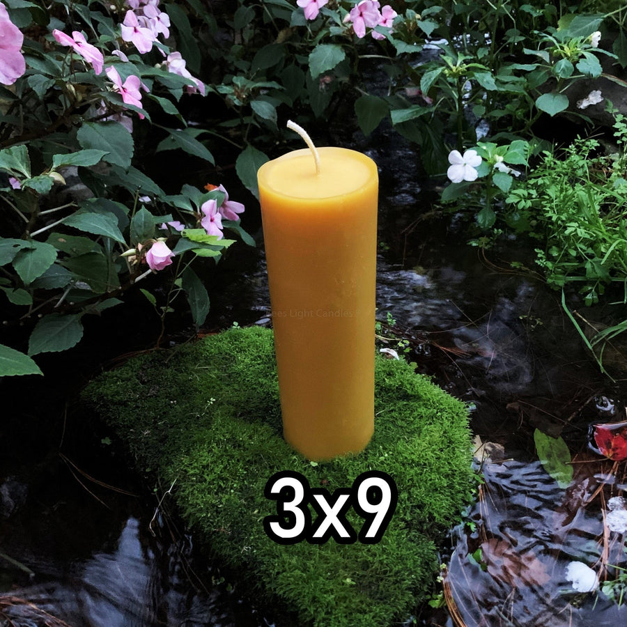 3x9 Beeswax Pillar Candle | Three Inch Thick Pillars | All Natural BEES WAX Candles | Clean Burning | Cylinder | Handmade in USA | 9" Large - Bees Light Candles