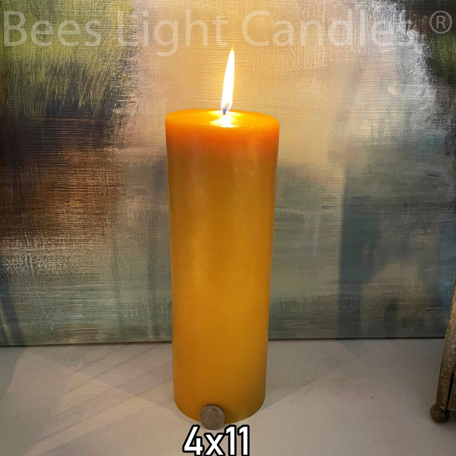 4" x 11" Beeswax Pillar Candle | Large All Natural Bees Wax Candles | Cotton Wick | Pure Clean Burning Long Lasting | Big | Giant | Huge NEW - Bees Light Candles