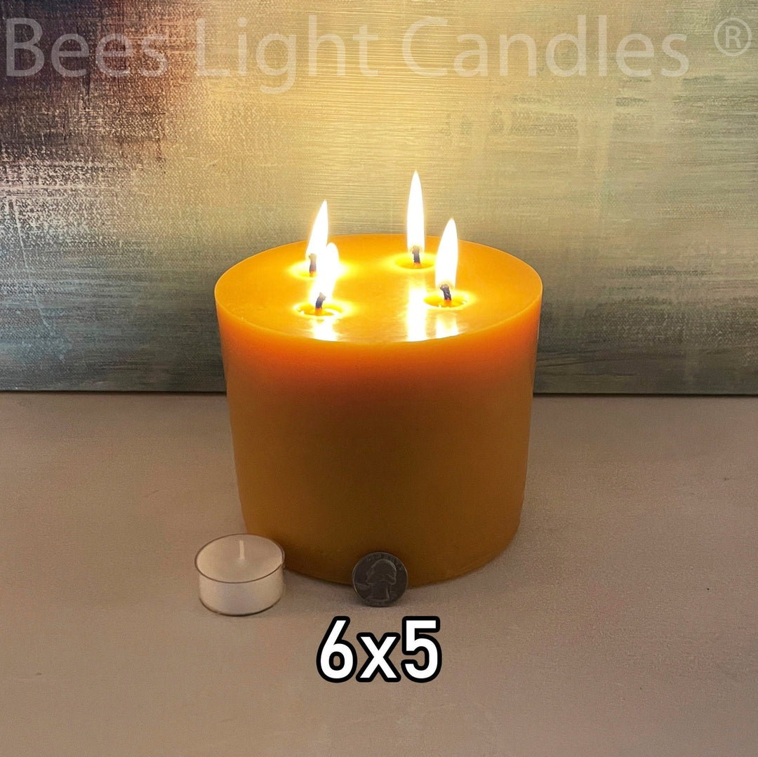 6 Inch Wide 5 Inch Tall BEESWAX PILLAR Candles | Extra Large Bees Wax Pillars | Four Wick Centerpiece | Long Lasting Unscented Natural | NEW - Bees Light Candles