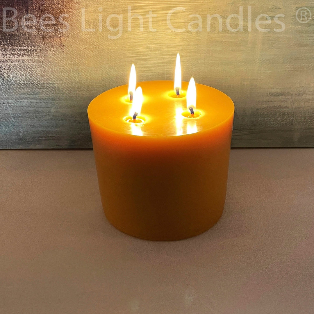 6 Inch Wide 5 Inch Tall BEESWAX PILLAR Candles | Extra Large Bees Wax Pillars | Four Wick Centerpiece | Long Lasting Unscented Natural | NEW - Bees Light Candles