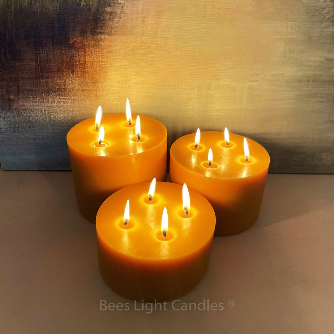 6 Inch Wide LARGE BEESWAX PILLARS | Set of 3 Candles | 4 Wicks | Clean Burning | Long Lasting | Allergy Friendly Pure New Gorgeous Bees Wax - Bees Light Candles