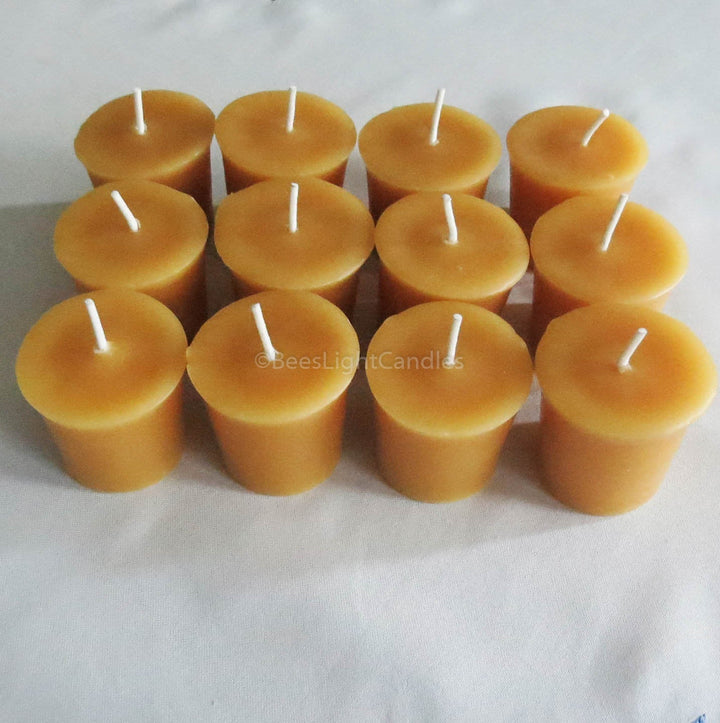 A Dozen Handmade 100% All Natural Beeswax Votive Candles with Cotton Wicks | Handmade in the USA | Set of 12 Votives | Each Candle is 2 oz - Bees Light Candles