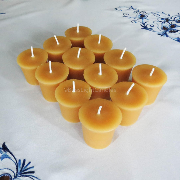 A Dozen Handmade 100% All Natural Beeswax Votive Candles with Cotton Wicks | Handmade in the USA | Set of 12 Votives | Each Candle is 2 oz - Bees Light Candles