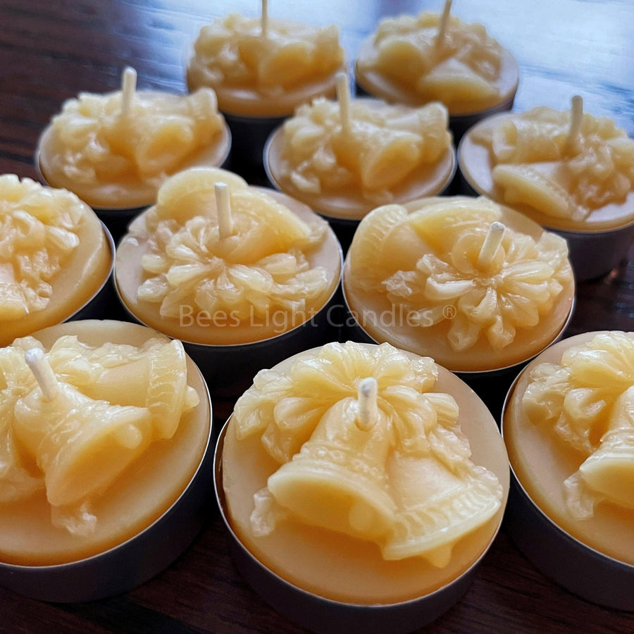 Beeswax Bell Tealight Candles | 100% All Natural Bees Wax Tea Lights in Containers | Aluminum Holders | Pure & Allergy Friendly Winter Gift - Bees Light Candles