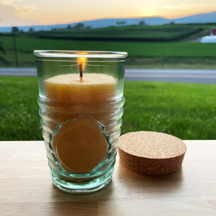 Beeswax Candle in Honeybee Glass Jar 100% All Natural Bees Wax | Spanish Recycled Glass Ecofriendly Pure Cotton Wick Candles Gift | Cork Lid - Bees Light Candles