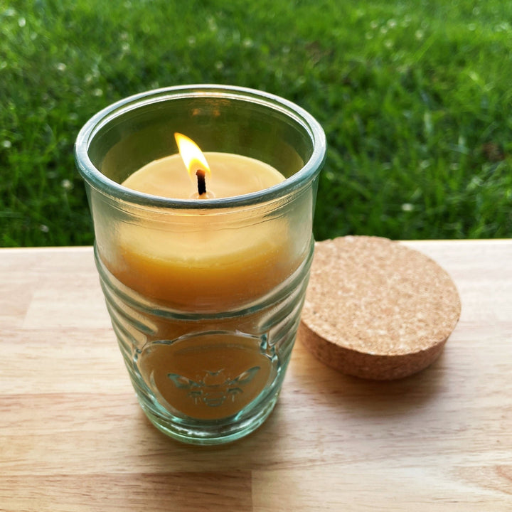 Beeswax Candle in Honeybee Glass Jar 100% All Natural Bees Wax | Spanish Recycled Glass Ecofriendly Pure Cotton Wick Candles Gift | Cork Lid - Bees Light Candles