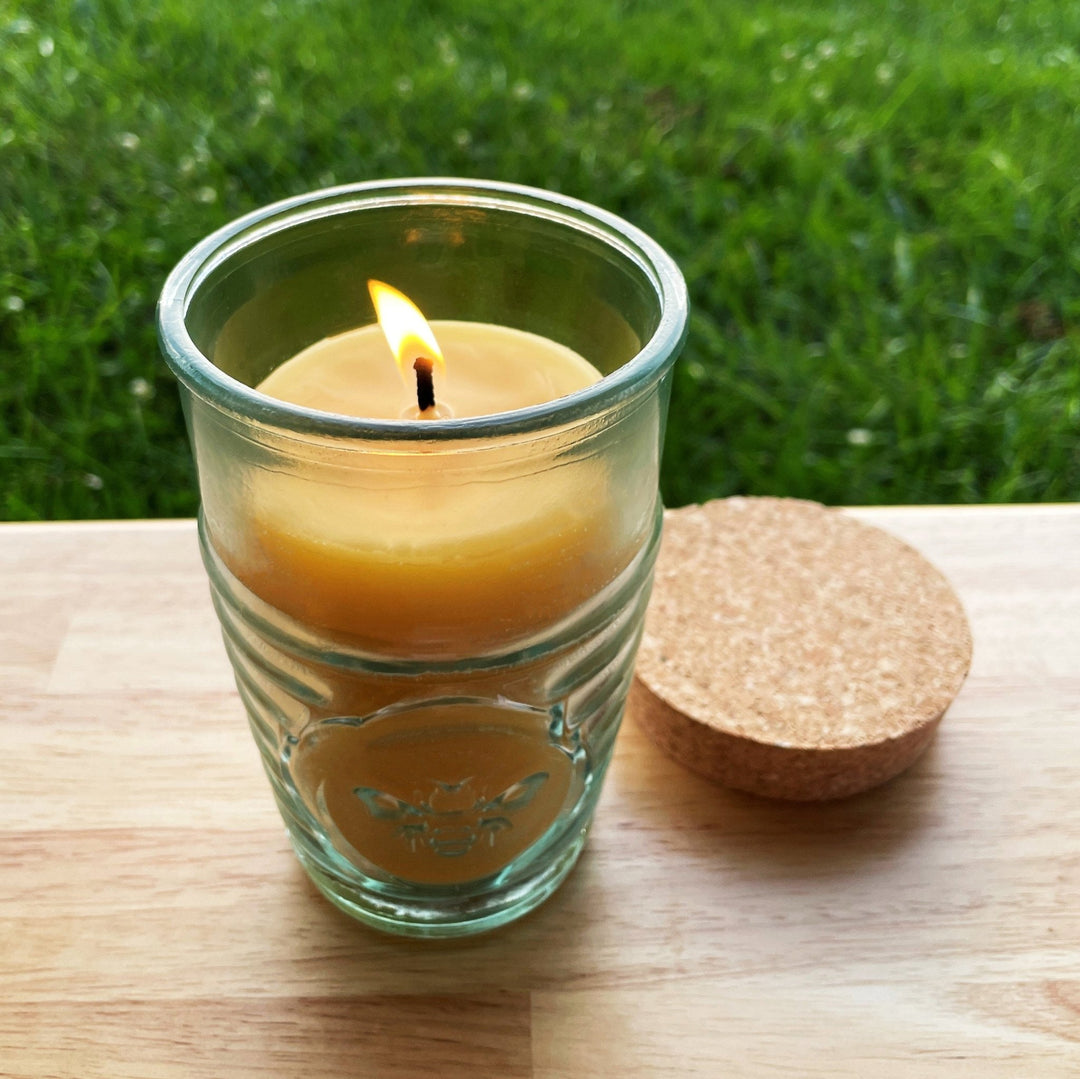 Beeswax Candle in Honeybee Glass Jar 100% All Natural Bees Wax | Spanish Recycled Glass Ecofriendly Pure Cotton Wick Candles Gift | Cork Lid - Bees Light Candles