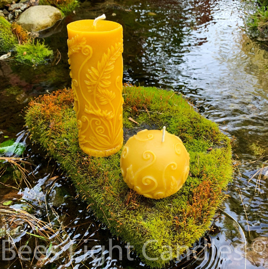 Beeswax Fern Candle Set Sphere & Pillar | 100% Natural Bees Wax | Handcrafted in USA | Honey Aroma | Unscented Natural | Long Burning | Ball - Bees Light Candles