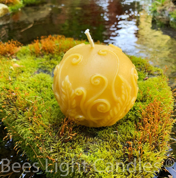 Beeswax Fern Candle Set Sphere & Pillar | 100% Natural Bees Wax | Handcrafted in USA | Honey Aroma | Unscented Natural | Long Burning | Ball - Bees Light Candles