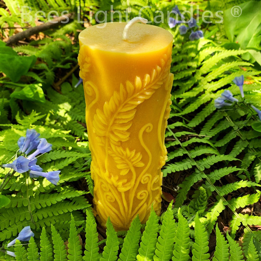 Beeswax Fern Candle Set Sphere & Pillar | 100% Natural Bees Wax | Handcrafted in USA | Honey Aroma | Unscented Natural | Long Burning | Ball - Bees Light Candles