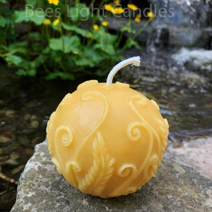 Beeswax Fern Candle Set Sphere & Pillar | 100% Natural Bees Wax | Handcrafted in USA | Honey Aroma | Unscented Natural | Long Burning | Ball - Bees Light Candles