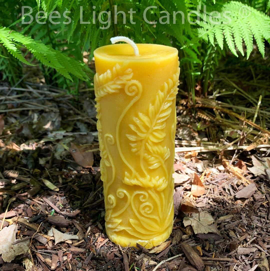 Beeswax Fern Candle Set Sphere & Pillar | 100% Natural Bees Wax | Handcrafted in USA | Honey Aroma | Unscented Natural | Long Burning | Ball - Bees Light Candles