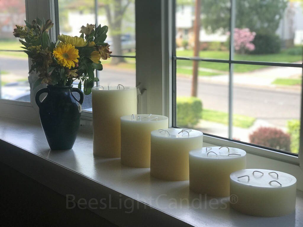 BEESWAX PILLAR Candle 6 Inch Wide | Giant White Bees Wax 4 Wick Candle Set | 100% All Natural Pure Clean Allergy Friendly USA | Large | Big - Bees Light Candles