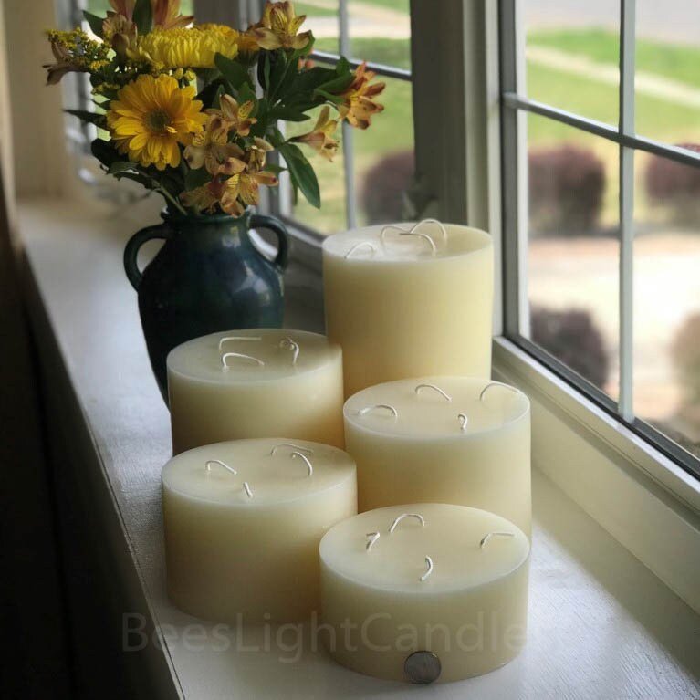 BEESWAX PILLAR Candle 6 Inch Wide | Giant White Bees Wax 4 Wick Candle Set | 100% All Natural Pure Clean Allergy Friendly USA | Large | Big - Bees Light Candles