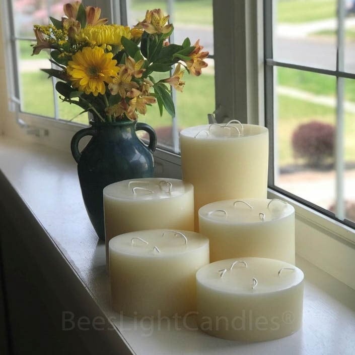 BEESWAX PILLAR Candle 6 Inch Wide | Giant White Bees Wax 4 Wick Candle Set | 100% All Natural Pure Clean Allergy Friendly USA | Large | Big - Bees Light Candles