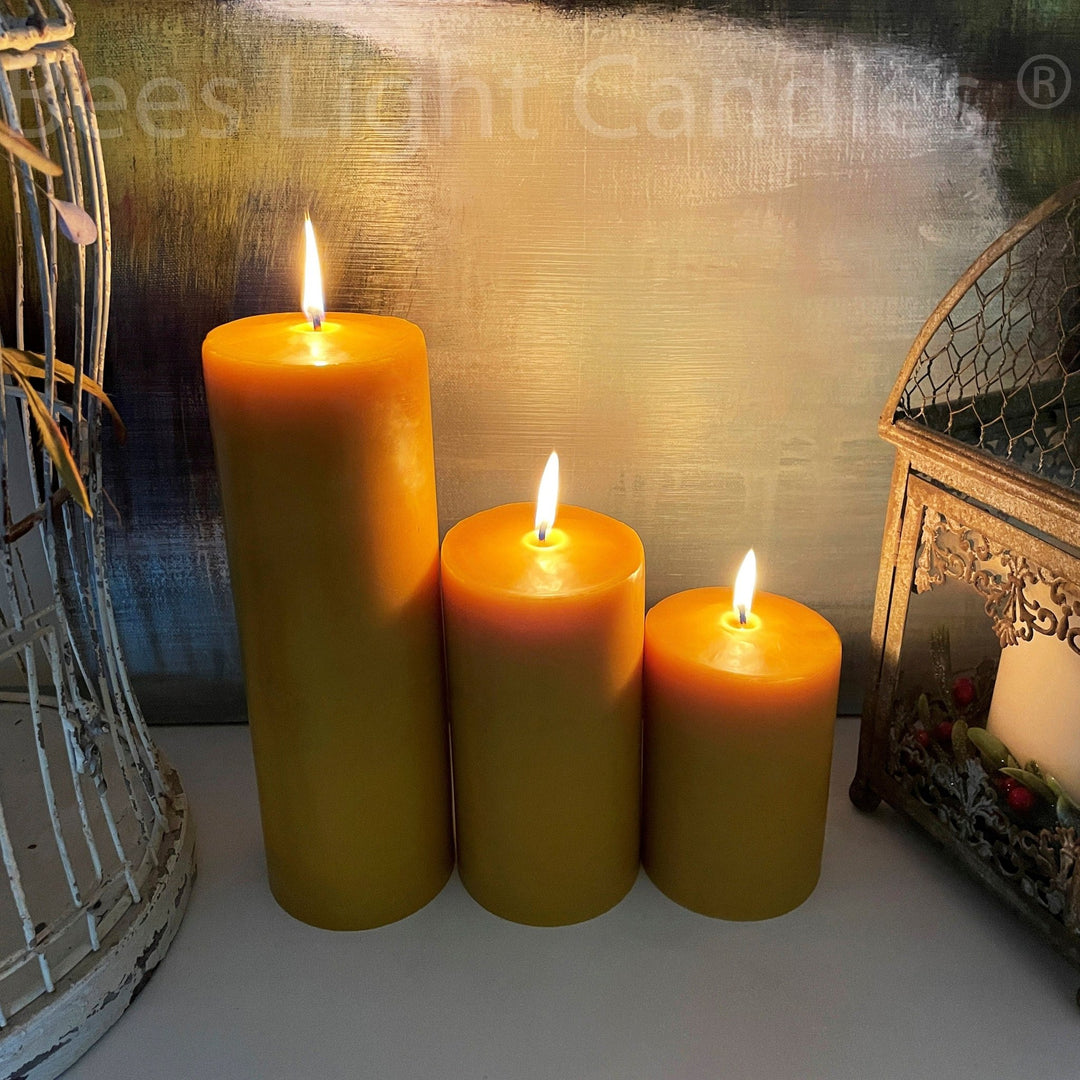 Beeswax Pillar Candles Four Inch Wide | Handcrafted with 100% Pure Natural Bees wax | 4 Sizes | Honey Aroma | Large Cylinder | Wedding Event - Bees Light Candles