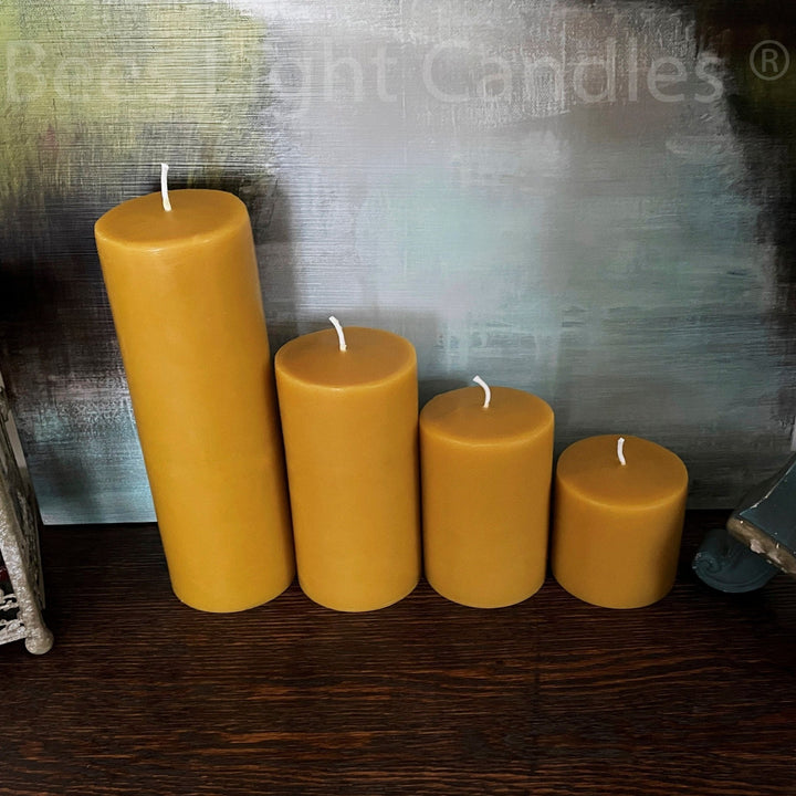 Beeswax Pillar Candles Four Inch Wide | Handcrafted with 100% Pure Natural Bees wax | 4 Sizes | Honey Aroma | Large Cylinder | Wedding Event - Bees Light Candles