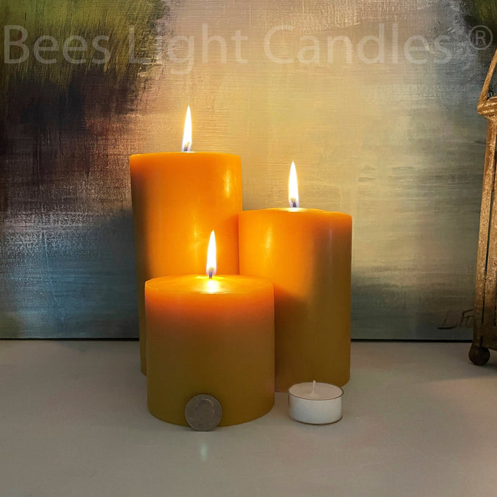 Beeswax Pillar Candles Four Inch Wide | Handcrafted with 100% Pure Natural Bees wax | 4 Sizes | Honey Aroma | Large Cylinder | Wedding Event - Bees Light Candles