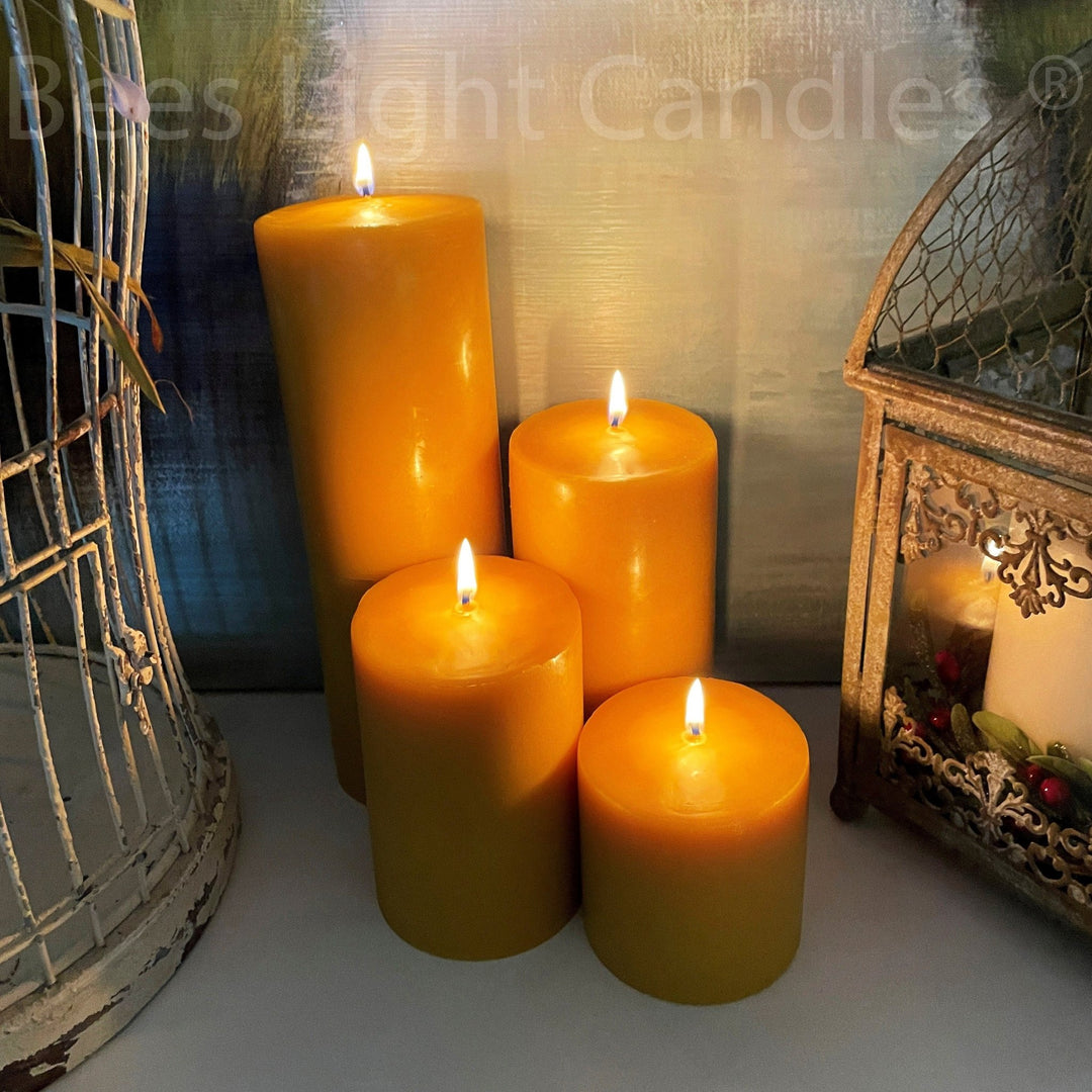 Beeswax Pillar Candles Four Inch Wide | Handcrafted with 100% Pure Natural Bees wax | 4 Sizes | Honey Aroma | Large Cylinder | Wedding Event - Bees Light Candles