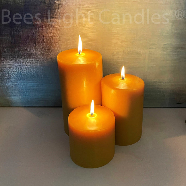 Beeswax Pillar Candles Four Inch Wide | Handcrafted with 100% Pure Natural Bees wax | 4 Sizes | Honey Aroma | Large Cylinder | Wedding Event - Bees Light Candles