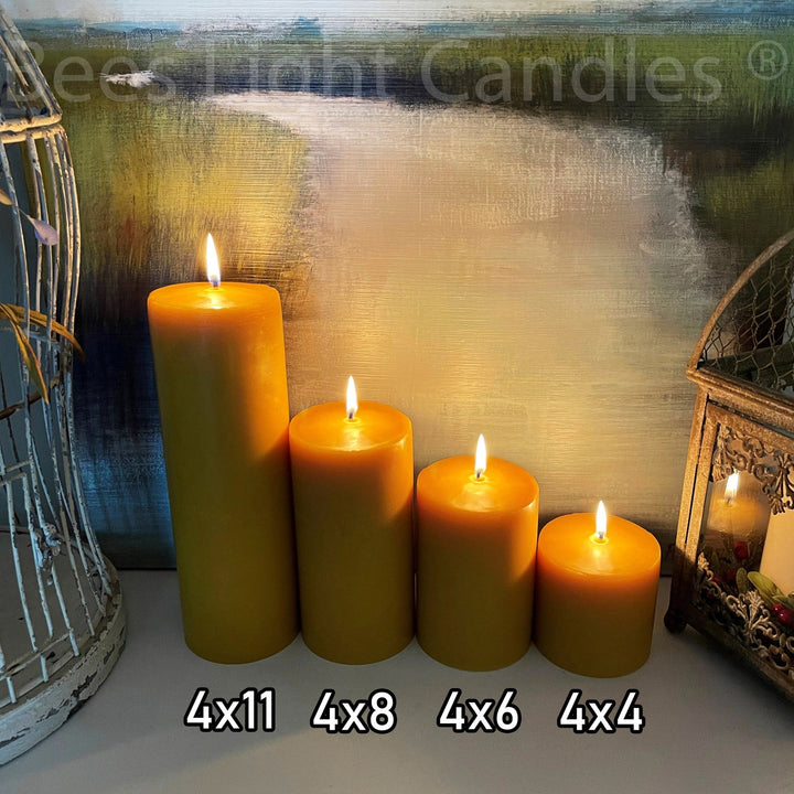 Beeswax Pillar Candles Four Inch Wide | Handcrafted with 100% Pure Natural Bees wax | 4 Sizes | Honey Aroma | Large Cylinder | Wedding Event - Bees Light Candles