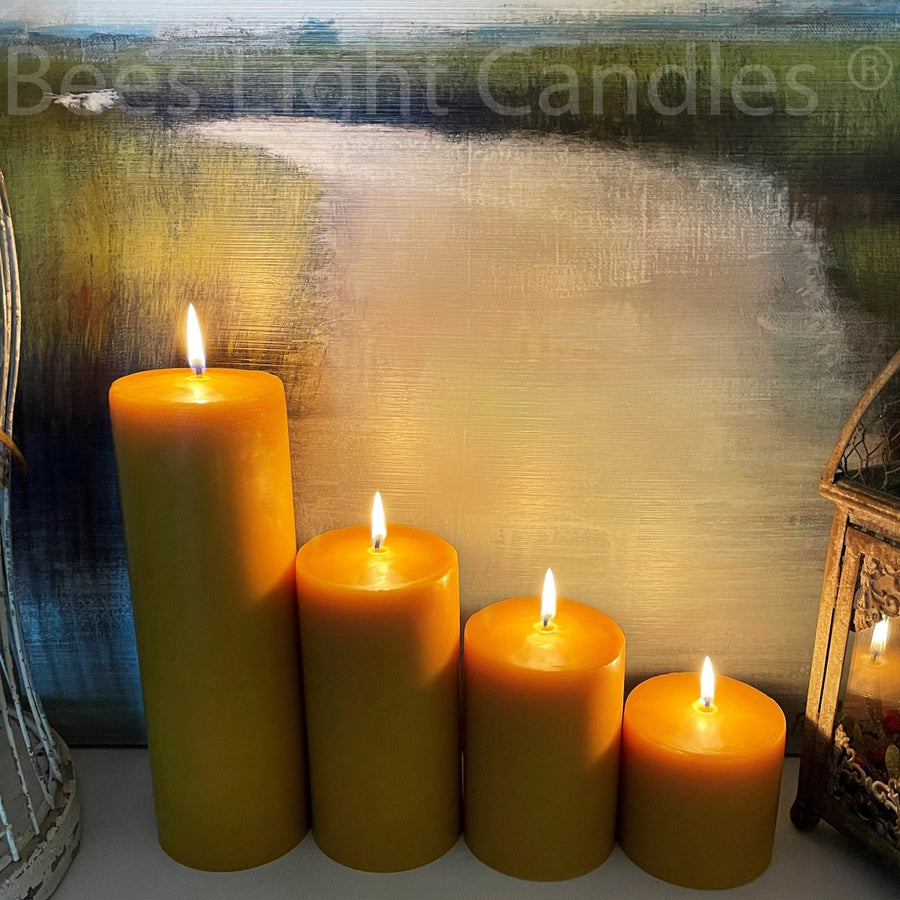 Beeswax Pillar Candles Four Inch Wide | Handcrafted with 100% Pure Natural Bees wax | 4 Sizes | Honey Aroma | Large Cylinder | Wedding Event - Bees Light Candles