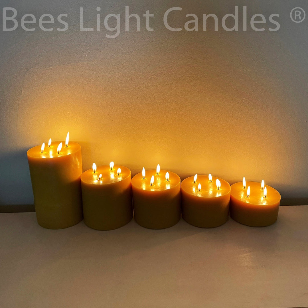 Beeswax Pillar Candles Six Inch Wide | 100% Pure Natural Beeswax | 5 Sizes | Honey Aroma | Large Cylinder | Centerpiece | Multiple 4 Wick - Bees Light Candles