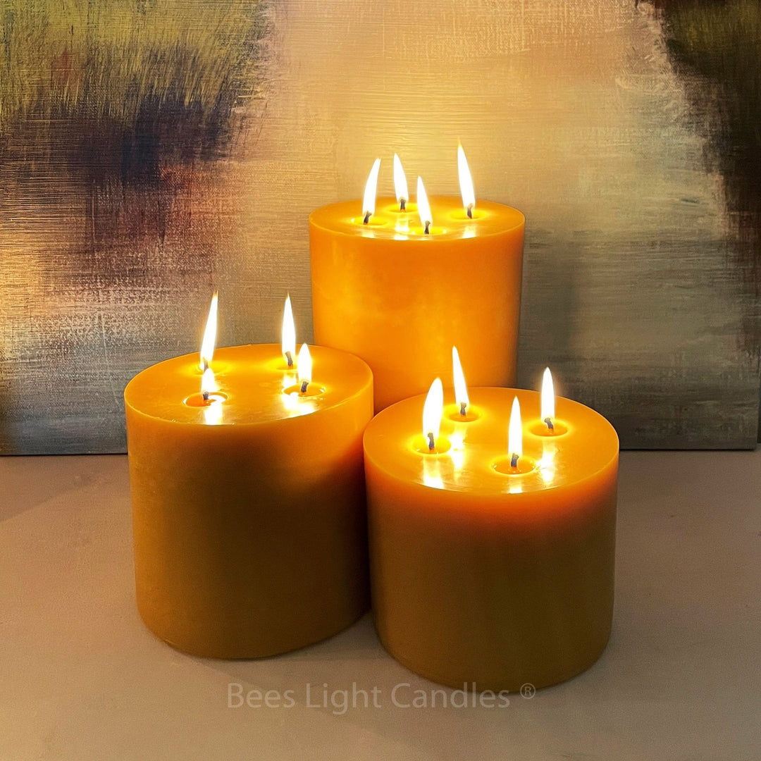 Beeswax Pillar Candles Six Inch Wide | 100% Pure Natural Beeswax | 5 Sizes | Honey Aroma | Large Cylinder | Centerpiece | Multiple 4 Wick - Bees Light Candles