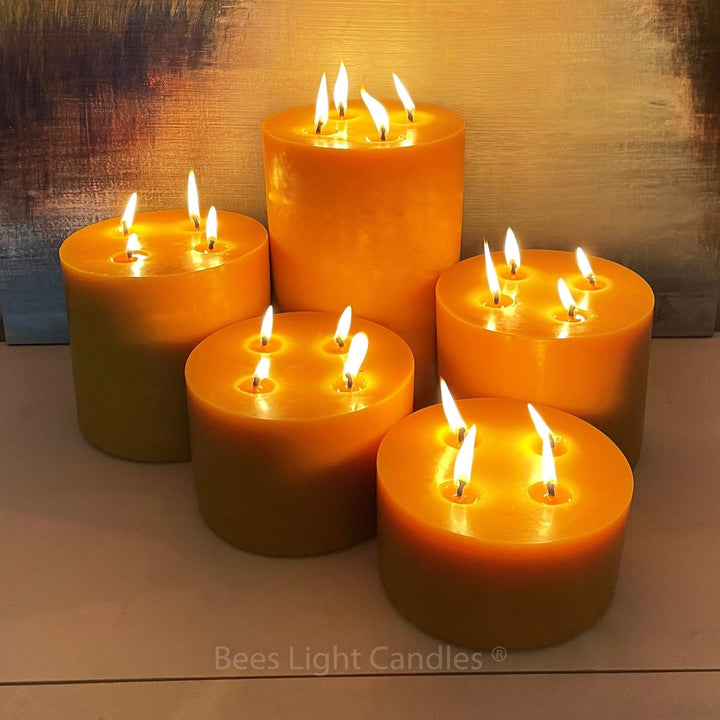 Beeswax Pillar Candles Six Inch Wide | 100% Pure Natural Beeswax | 5 Sizes | Honey Aroma | Large Cylinder | Centerpiece | Multiple 4 Wick - Bees Light Candles