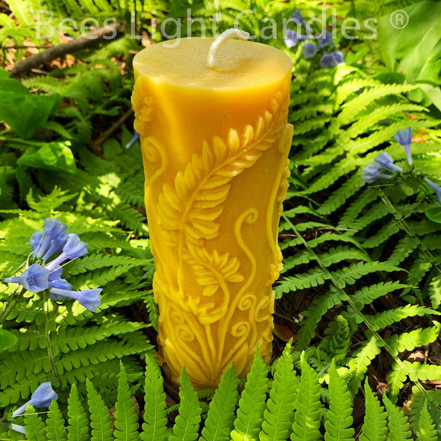 Beeswax Pillar Fern Candle | 100% Natural Bees Wax | Handcrafted in USA | Honey Aroma | Unscented Natural | Allergy Friendly | Long Burning - Bees Light Candles