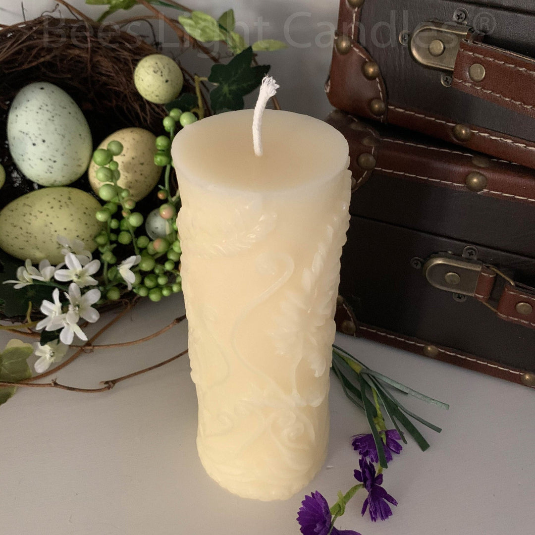 Beeswax Pillar Fern Candle | 100% Natural Bees Wax | Handcrafted in USA | Honey Aroma | Unscented Natural | Allergy Friendly | Long Burning - Bees Light Candles