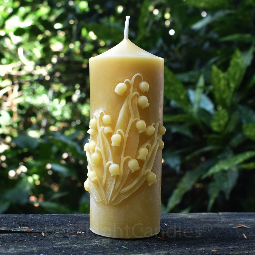 Bell Flower BEESWAX PILLAR Candle Lily of the Valley | 100% Clean Natural Bees Wax | Cylinder Floral Bells Viney Plant Design | Large Pillar - Bees Light Candles