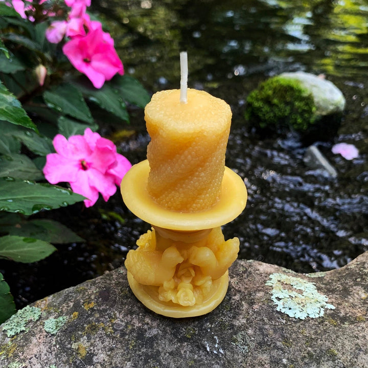 Bird Bath Beeswax Candle | Swans 100% Natural Bees Wax Candles | Birds | Spring | Summer | Patio | Yellow Pillar | Taper with Flowers Gift - Bees Light Candles