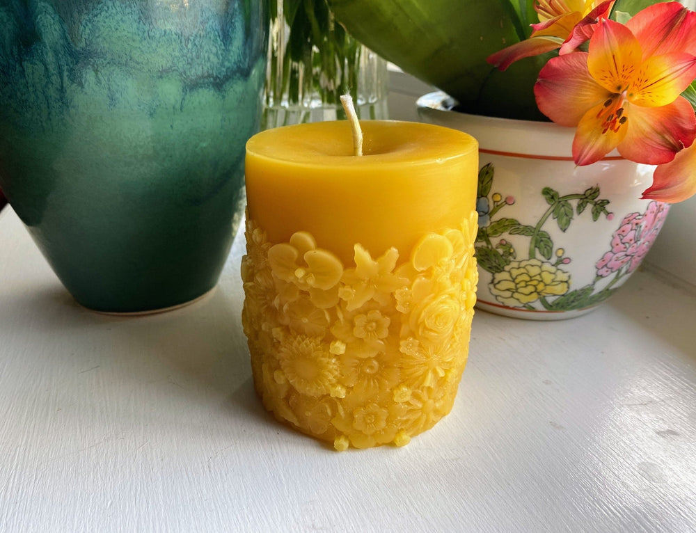 Boho Flower Garden Beeswax Pillar Candle | Bees Wax Candles | 100% All Natural | Hip | Floral | Outdoor | Orchid | Daisy | Lily | Sunflower - Bees Light Candles