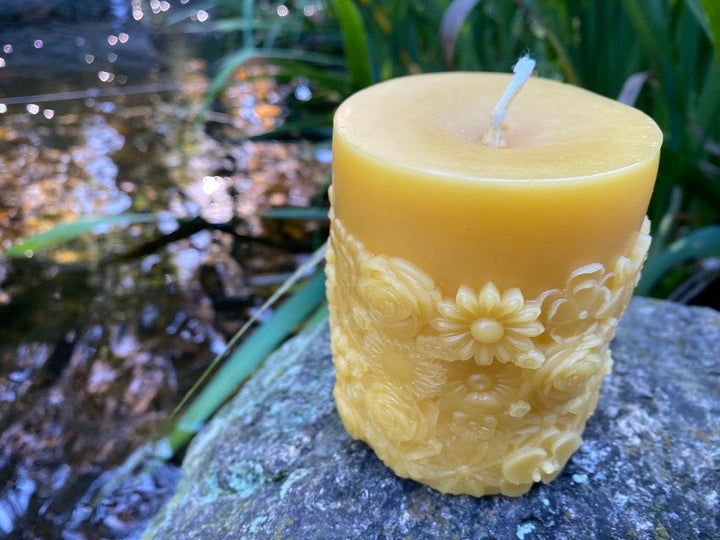 Boho Flower Garden Beeswax Pillar Candle | Bees Wax Candles | 100% All Natural | Hip | Floral | Outdoor | Orchid | Daisy | Lily | Sunflower - Bees Light Candles