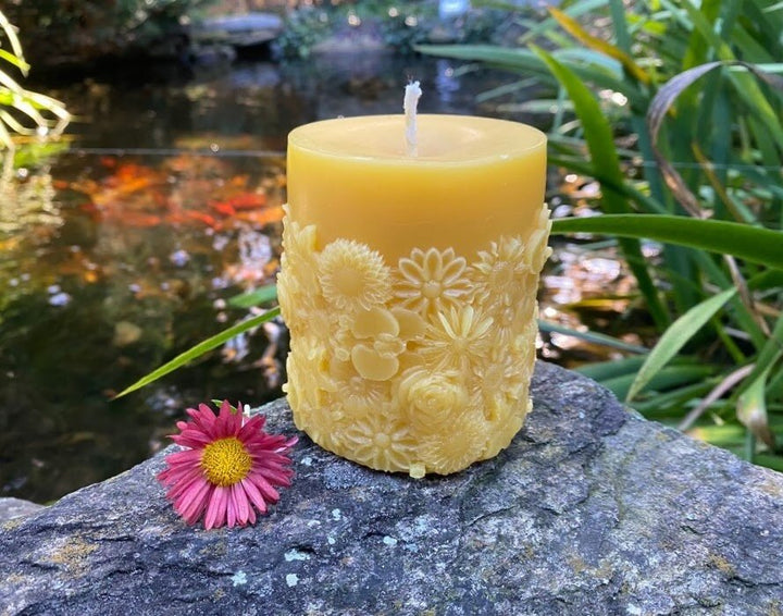 Boho Flower Garden Beeswax Pillar Candle | Bees Wax Candles | 100% All Natural | Hip | Floral | Outdoor | Orchid | Daisy | Lily | Sunflower - Bees Light Candles