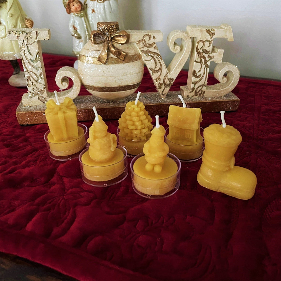 Christmas Beeswax Candle Set of 6 | Tealight Candles | 100% All Natural Beeswax | Santa | Snowman | Stocking Stuffer | Pinecone | Present - Bees Light Candles