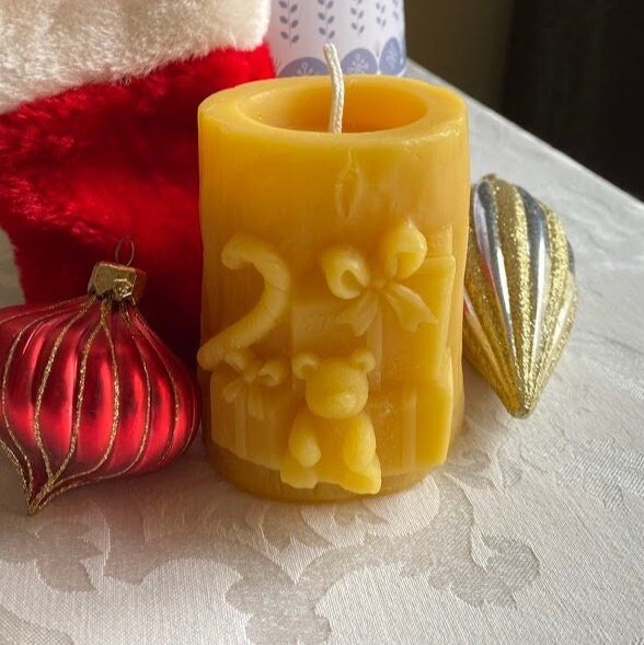 Christmas Presents Beeswax Candle | Teddybear Present Bees Wax Candles | Presents | Gifts | Stuffed Animal | Candy Cane | Bow | USA Handmade - Bees Light Candles