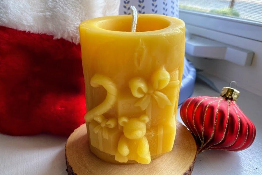 Christmas Presents Beeswax Candle | Teddybear Present Bees Wax Candles | Presents | Gifts | Stuffed Animal | Candy Cane | Bow | USA Handmade - Bees Light Candles