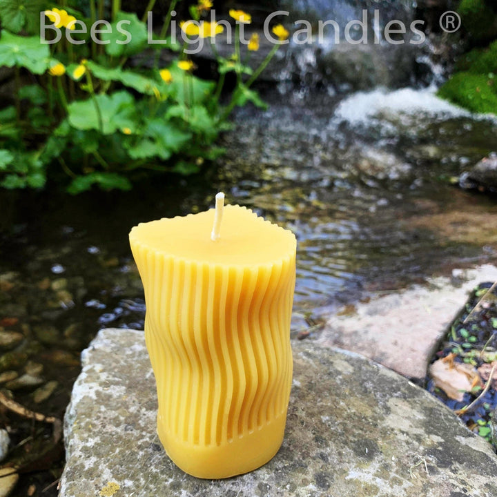 Curvy Beeswax Candle Irregular Shaped Modern Striped Pillar | 100% All Natural Beeswax | Curving Curves Bees Wax Pillars | Handmade in USA - Bees Light Candles