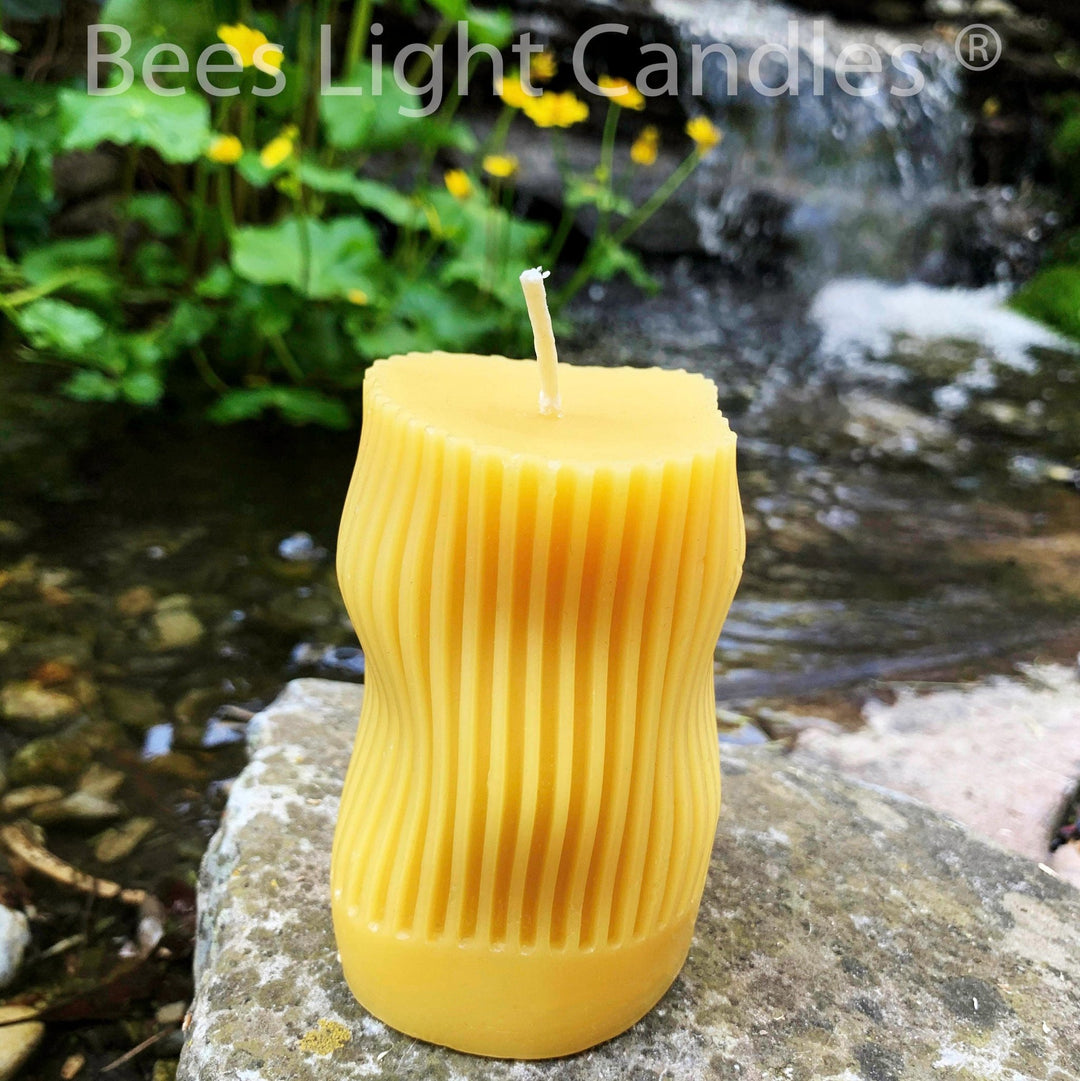 Curvy Beeswax Candle Irregular Shaped Modern Striped Pillar | 100% All Natural Beeswax | Curving Curves Bees Wax Pillars | Handmade in USA - Bees Light Candles