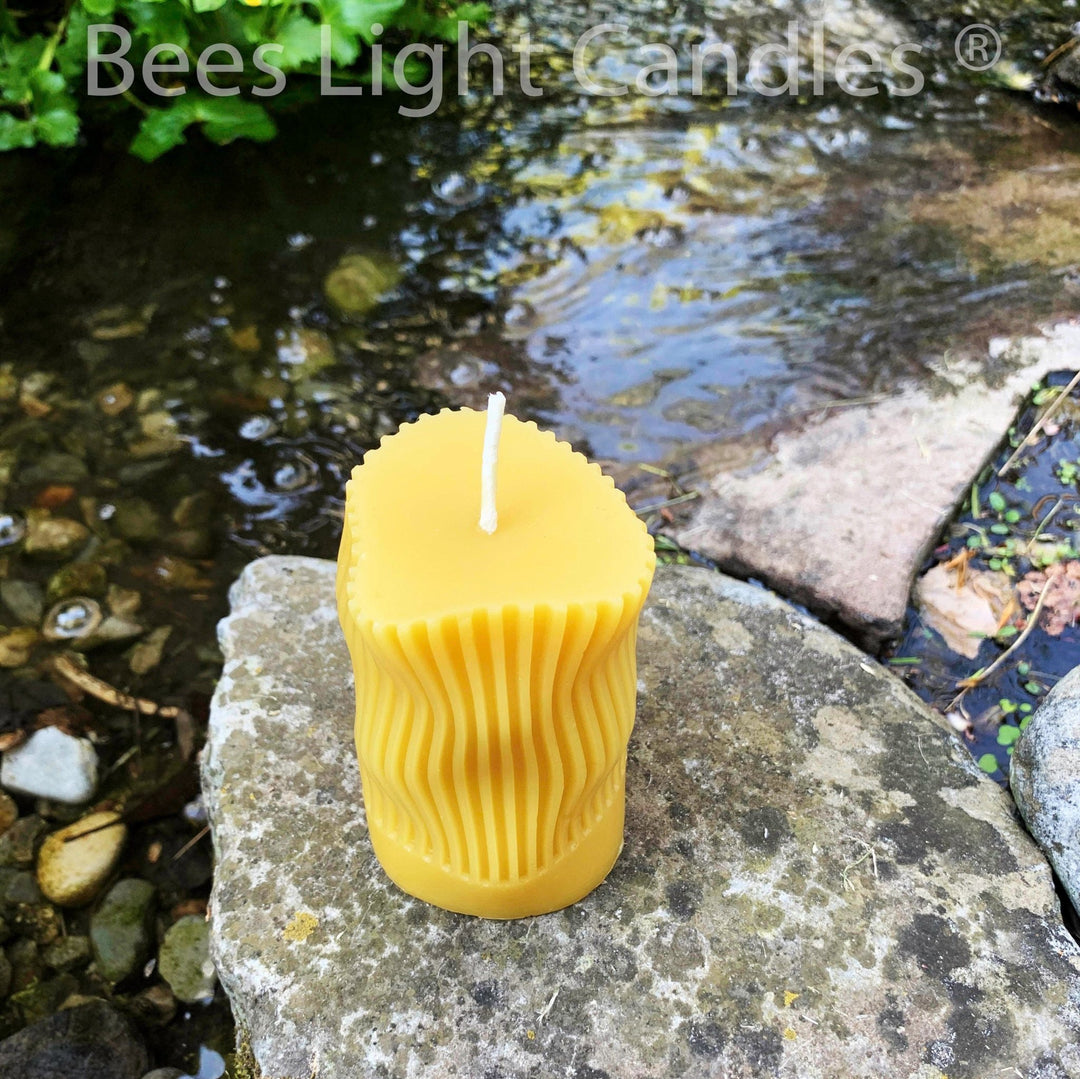 Curvy Beeswax Candle Irregular Shaped Modern Striped Pillar | 100% All Natural Beeswax | Curving Curves Bees Wax Pillars | Handmade in USA - Bees Light Candles