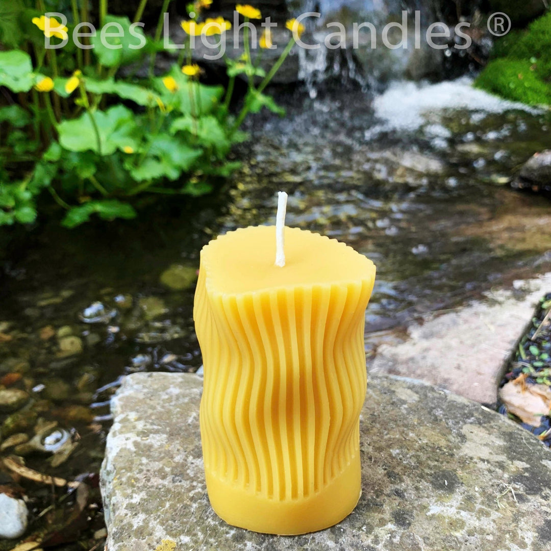 Curvy Beeswax Candle Irregular Shaped Modern Striped Pillar | 100% All Natural Beeswax | Curving Curves Bees Wax Pillars | Handmade in USA - Bees Light Candles