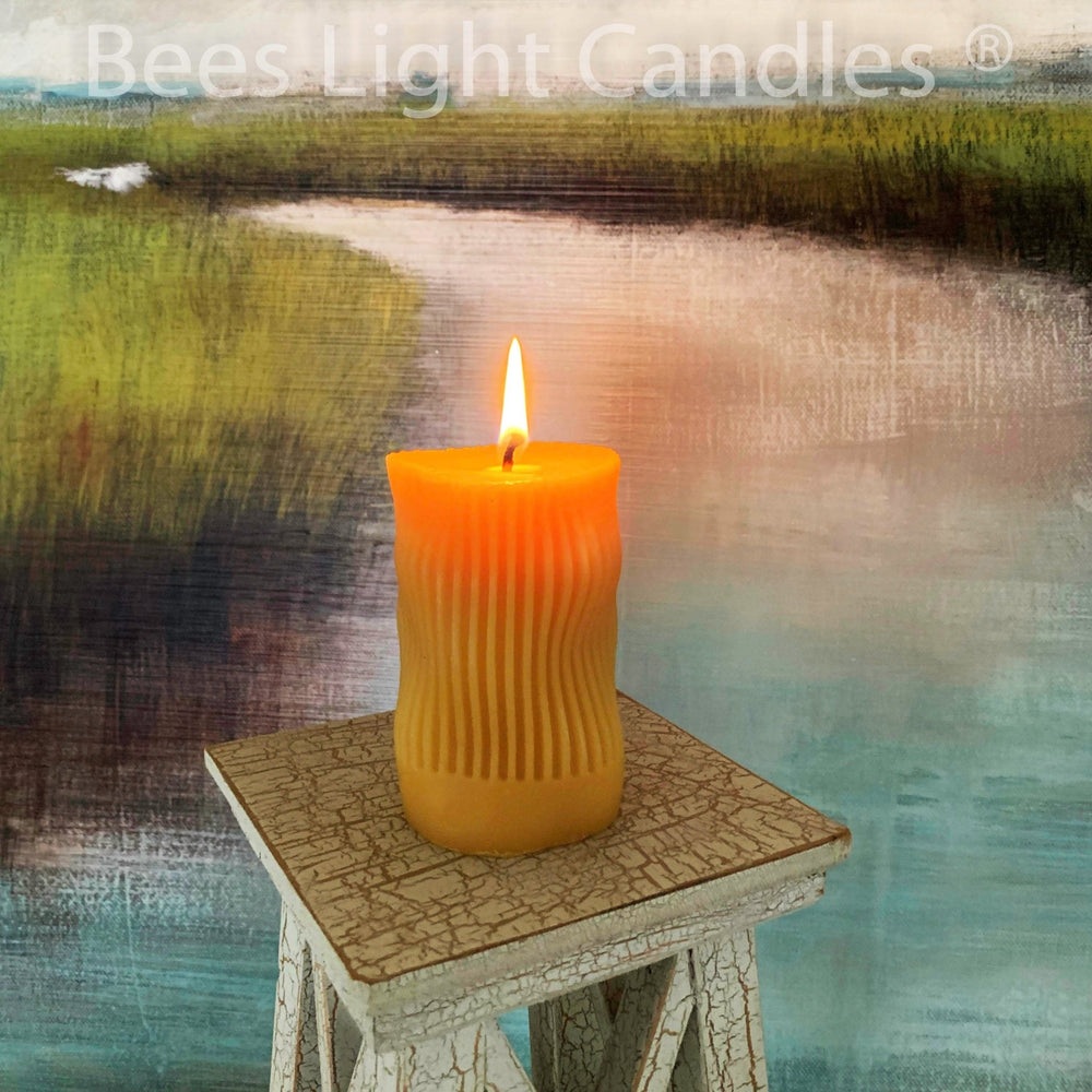 Curvy Beeswax Candle Irregular Shaped Modern Striped Pillar | 100% All Natural Beeswax | Curving Curves Bees Wax Pillars | Handmade in USA - Bees Light Candles