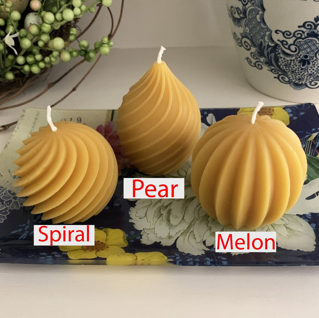 Elegant Beeswax Candle Set | Pear | Spiral | Melon | All Natural 100% Beeswax Candles Handmade In USA | Exquisite Designer Shapes Cute Gifts - Bees Light Candles