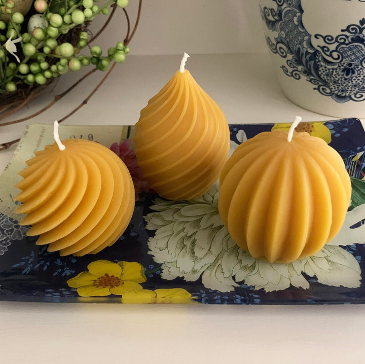 Elegant Beeswax Candle Set | Pear | Spiral | Melon | All Natural 100% Beeswax Candles Handmade In USA | Exquisite Designer Shapes Cute Gifts - Bees Light Candles