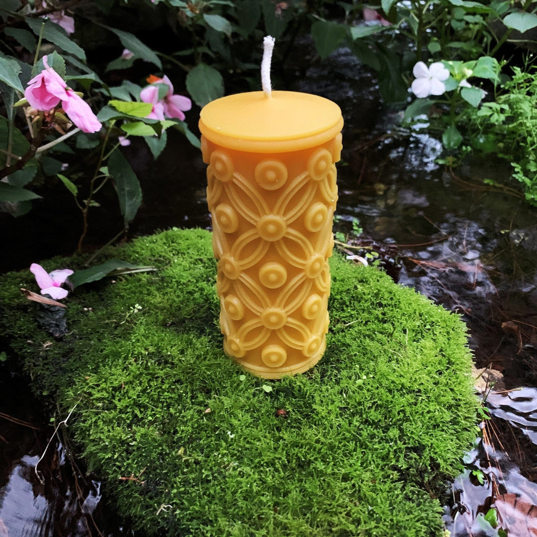 Elegant Pillar | Beeswax Candle | Flower Design | 100% Natural Bees Wax | Long Burning | Classy Tall Pillar | Handmade in the USA | Yellow - Bees Light Candles