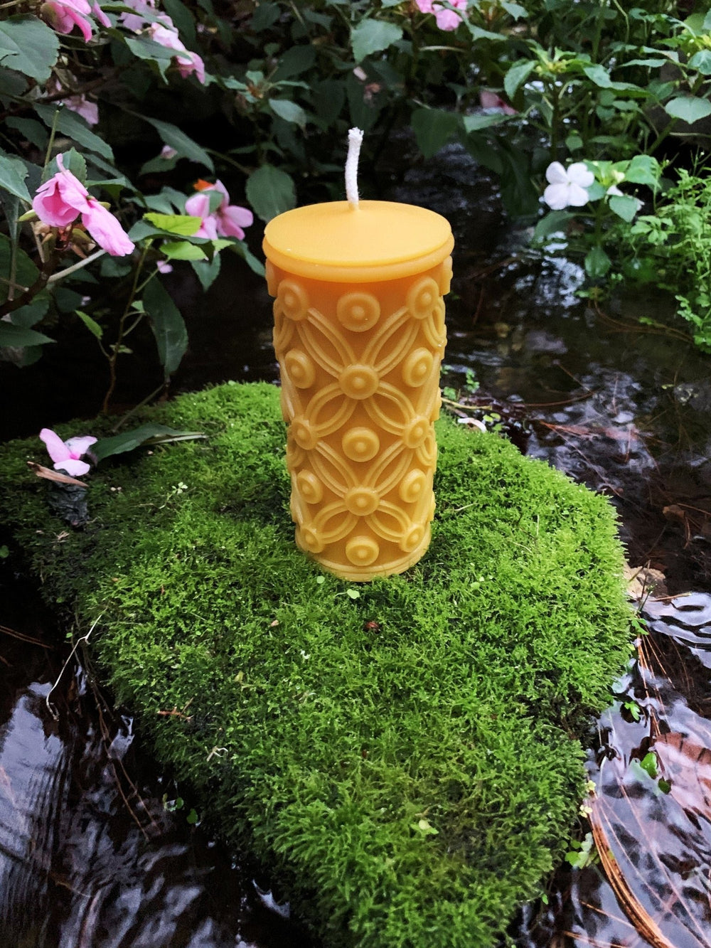 Elegant Pillar | Beeswax Candle | Flower Design | 100% Natural Bees Wax | Long Burning | Classy Tall Pillar | Handmade in the USA | Yellow - Bees Light Candles