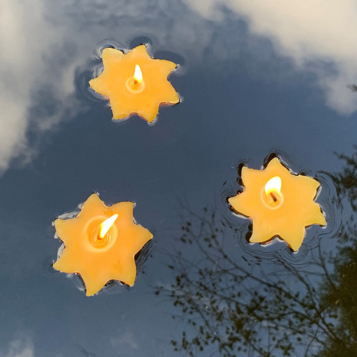 Floating Sun Beeswax Candles | 100% Natural Bees Wax Star | Handcrafted in USA | Event | Party | Summer | Candle Floats in Water | Birdbath - Bees Light Candles